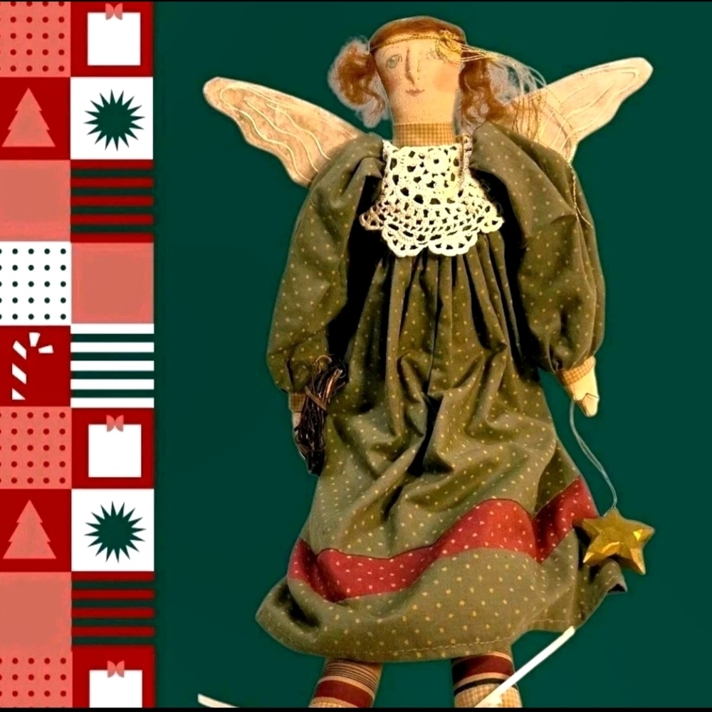 Handcrafted Green Angel Doll with Gold Accents